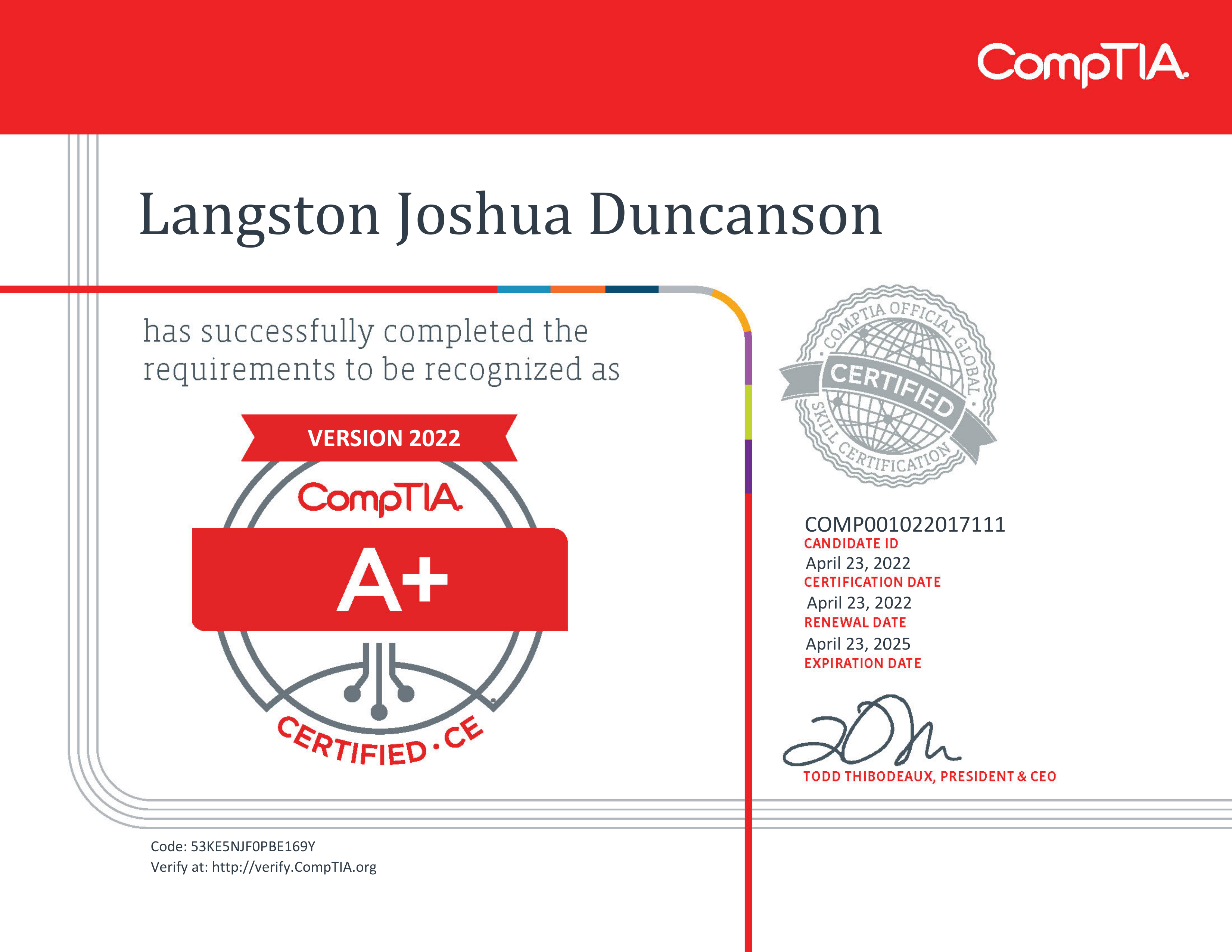 CompTIA A+ ce certificate